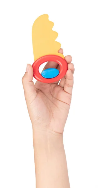 Kézifűrész műanyag játékszer, fehér alapon elszigetelve — Stock Fotó