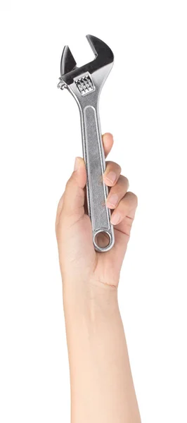 Hand holding adjustable spanner isolated on white background — 스톡 사진