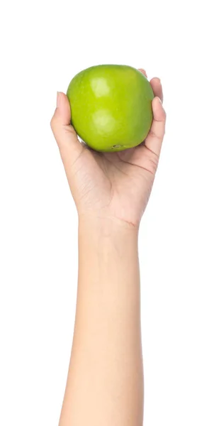 Hand houden van groene appel geïsoleerd op witte achtergrond — Stockfoto