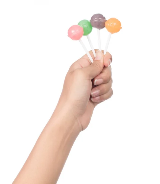 Hand holding lollipop candy isolated on white background — Stock Photo, Image