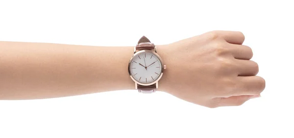 Mão com relógio de pulso isolado no fundo branco — Fotografia de Stock