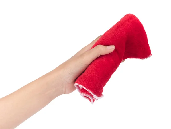 Mano sosteniendo toallitas rojas microfibra aislada en fondo blanco —  Fotos de Stock
