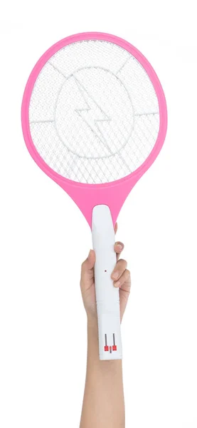 Hand holding Rechargeable Mosquito Swatter Bat isolated on white — 图库照片