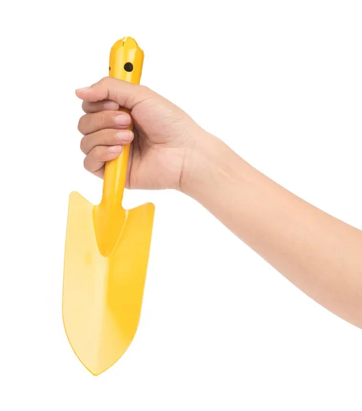 Hand holding Yellow trowel isolated on white background — Stock Photo, Image