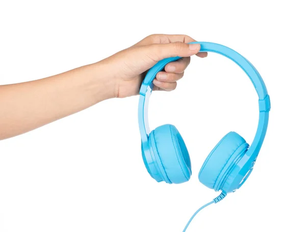 Hand holding Blue Headphones Isolated on White Background — Stock Photo, Image