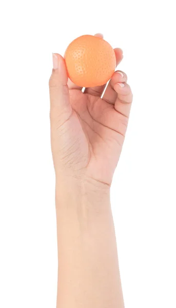 Hand hält Obst Spielzeug Kunststoff isoliert auf weißem Hintergrund — Stockfoto