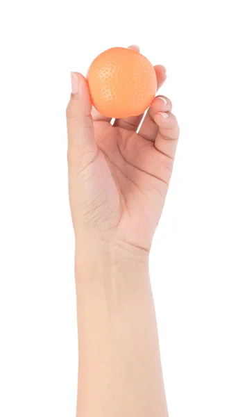 Mano celebración de juguete de frutas de plástico aislado sobre fondo blanco — Foto de Stock