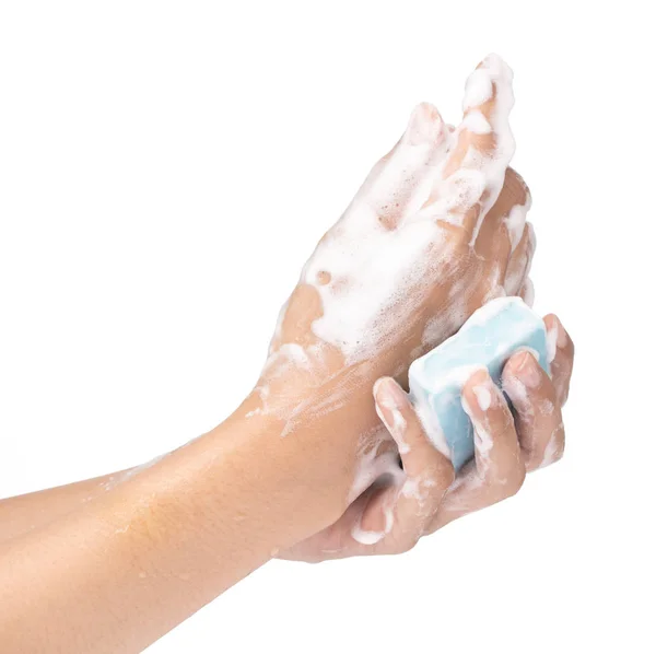 Lavar a mão com sabão isolado no fundo branco — Fotografia de Stock
