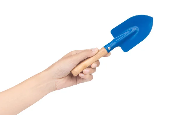 Hand holding Steel shovel with a wooden handle isolated on a whi — Stok fotoğraf