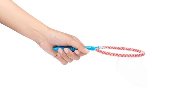 手握玩具勺子网，白色背景隔离 — 图库照片