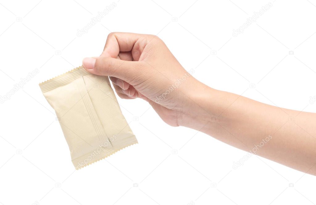 hand holding Food snack plastic bag isolated on a White Backgrou