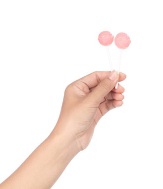 hand holding lollipop candy isolated on white background