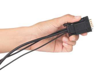 Hand holding Black DVI to HDMI Digital Port converter or adapter isolated on a white background