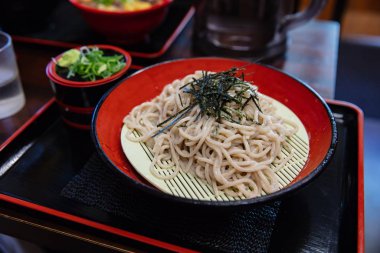 close up cold udon on table