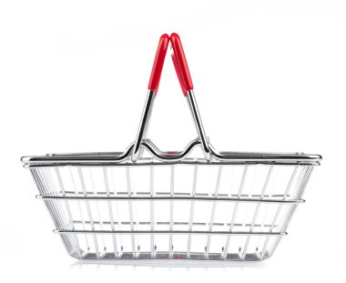 Chrome plated wire metal square empty shopping basket  isolated 