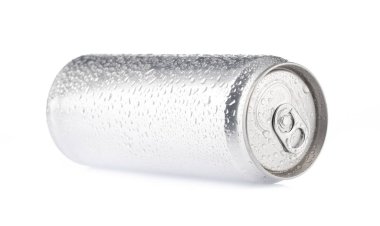 beverage tin can with water drops isolated on white background