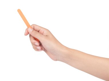 hand holding Wooden ice cream stick isolated on white background