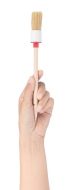 hand holding Wooden Handled Paintbrushes isolated on a white bac