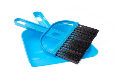 Blue Broom and dustpan isolated on white background. 