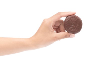 hand holding Chocolate brownie cookie Isolated on a White Backgr
