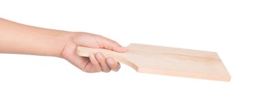 hand holding Pizza board isolated on white background