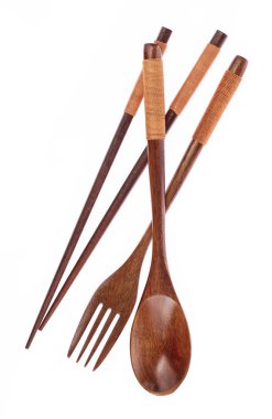 Wood Fork Spoon Chopstick Set isolated on white background 