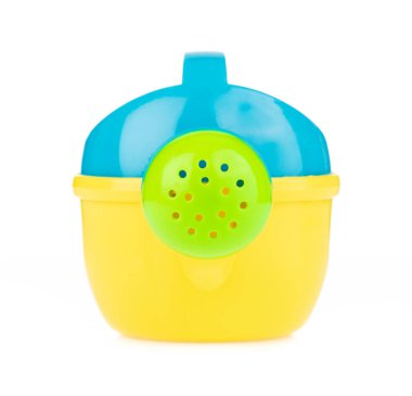 close up of toy watering can isolated on white background