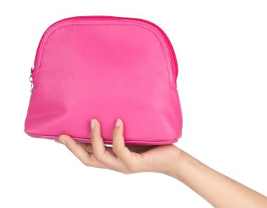 hand holding Makeup bag isolated on a white background