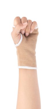 Hand with fabric elastic wrist support isolated on white backgro