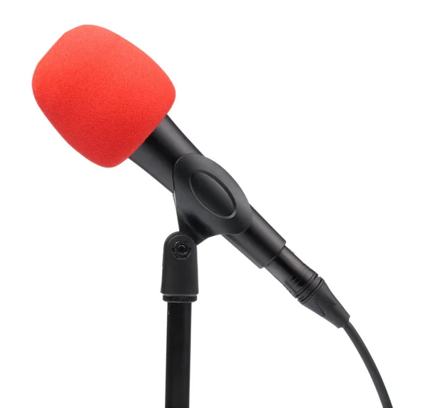 Tillbehör röd svamp på huvudet mikrofon isolerad på vit rygg — Stockfoto