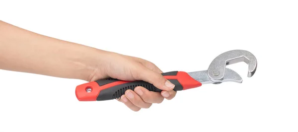 Hand holding Adjustable Spanner Wrench isolated on white backgro — ストック写真