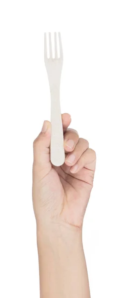 Hand holding Biodegradable plastic fork isolated on white backgr — Stock Photo, Image