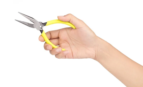 Mão segurando Alicates amarelos isolados no fundo branco. — Fotografia de Stock
