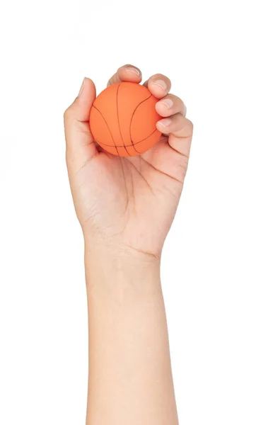 Χέρι κρατώντας μπάσκετ απομονώνονται σε λευκό φόντο — Φωτογραφία Αρχείου