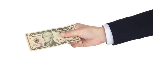Podnikatel ruka drží peníze dolary, 10 nás dolar bankovky je — Stock fotografie