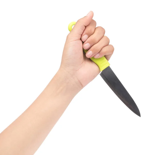 Mão segurando faca verde isolado no fundo branco — Fotografia de Stock
