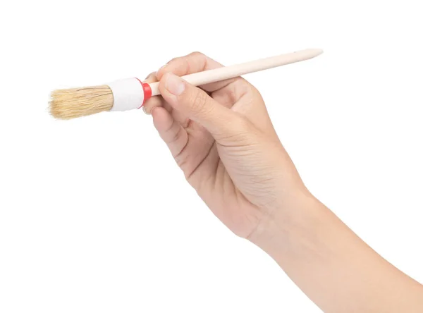 Hand holding Wooden Handled Paintbrushes isolated on a white bac — Stok fotoğraf