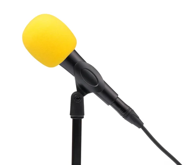 Accessories yellow sponge on head microphone isolated on white b — ストック写真