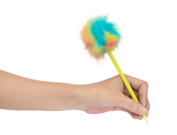 Mão segurando uma caneta com bola de pele isolada no fundo branco — Fotografia de Stock