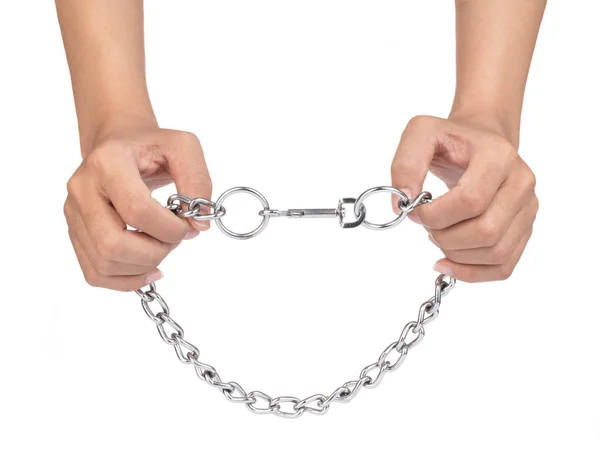 Hand holding Long chain of dog collar isolated on white backgrou — Stok fotoğraf