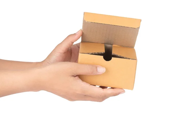 Beyaz bir arkaplanda el ele tutuşan karton kutular — Stok fotoğraf