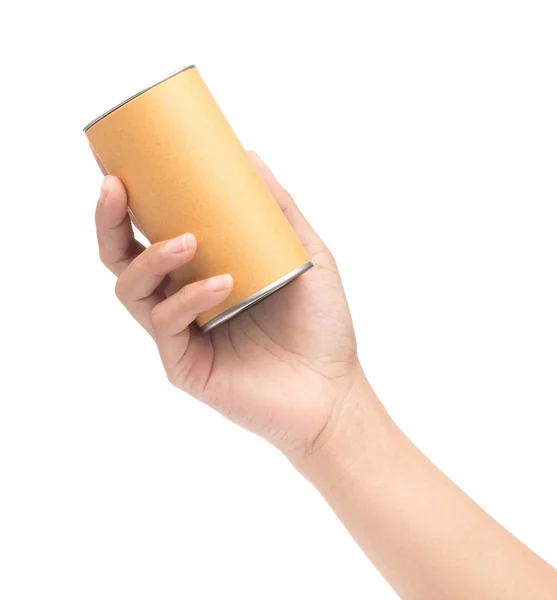 Tenuta della mano può scatola imballaggio tubo marrone artigianale isolato su whit — Foto Stock