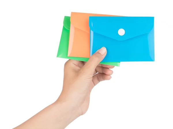 Hand holding three Folders Plastic Translucent isolated on white — ストック写真