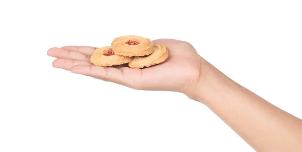 Galletas de mano con mermelada de fresa aislada en respaldo blanco —  Fotos de Stock