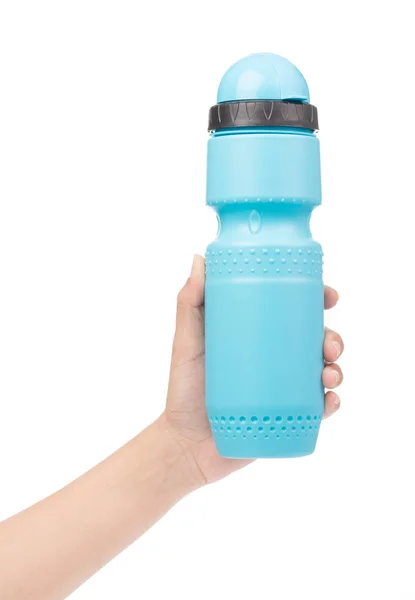 Hand hålla plast sport vattenflaska isolerad på vit bakgr — Stockfoto