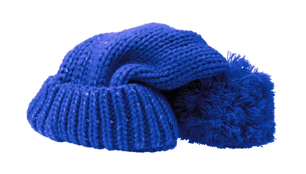 Blue Knit vlna klobouk s Pom Pom izolované na bílém pozadí — Stock fotografie