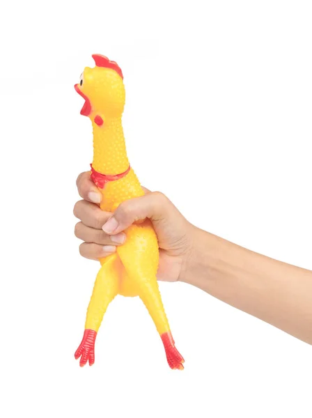 Hand holding toy rubber shriek yellow chicken isolated on white — Stock Photo, Image