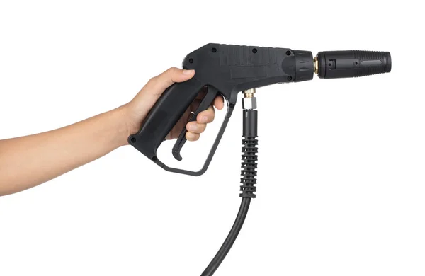 Hand holding head of high pressure water gun for clean isolated — Stockfoto