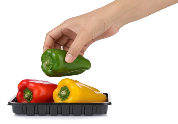 Hand holding bell peppers on Black Plastic food Tray isolated on — Stock Photo, Image