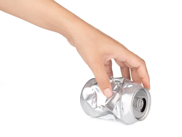 Hand with Crumpled empty blank beer can garbage,can recycle isol — 스톡 사진